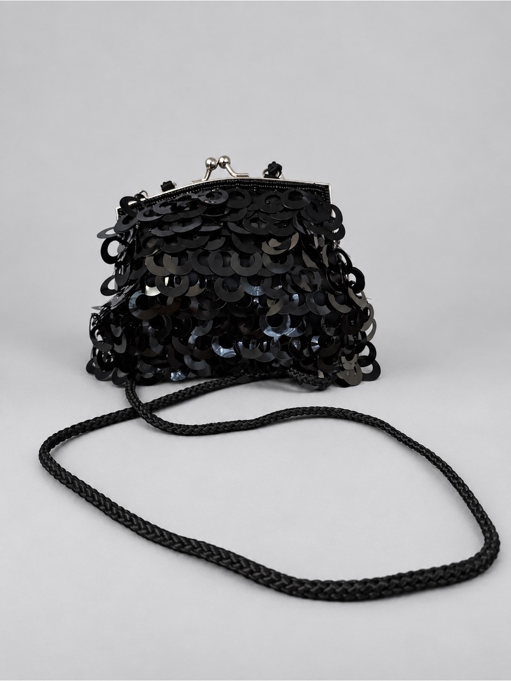 Black Sequin Beaded Evening Bag Kiss Lock Crossbody Purse